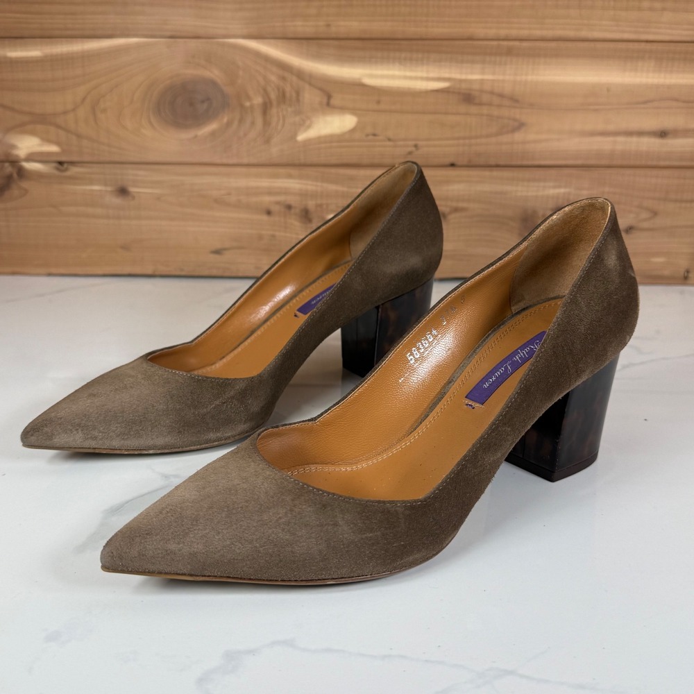 Ralph Lauren Collection Block Heel Pumps Womens 37.5 B Brown Suede Pointed Toe